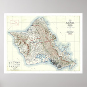 Poster Carte topographique 1938 d'Oahu Hawaï