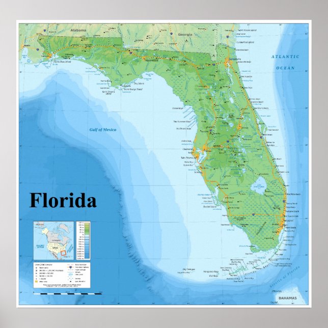 Poster Carte topographique de l'État américain de Floride (Devant)