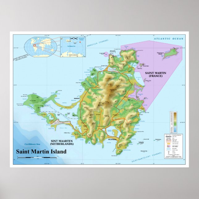 Poster Carte topographique de l'île des Caraïbes Saint-Ma (Devant)