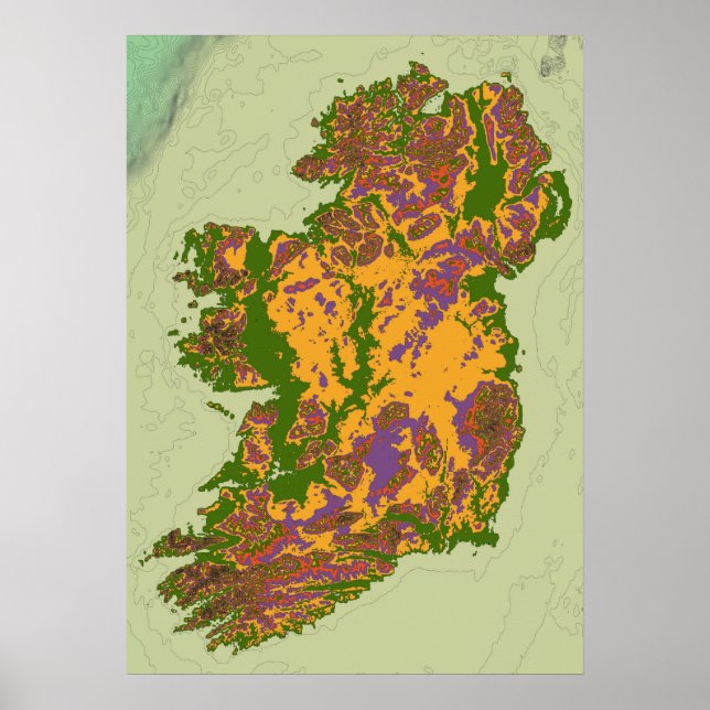 Poster Carte topographique de l'Irlande (Devant)