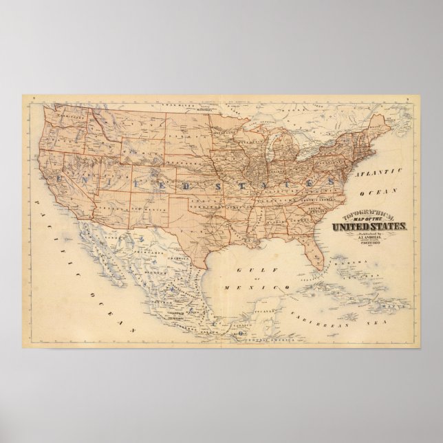 Poster Carte topographique des États-Unis (Devant)