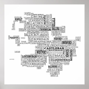 Poster Carte typographique noire de Cie. Mayo, Irlande