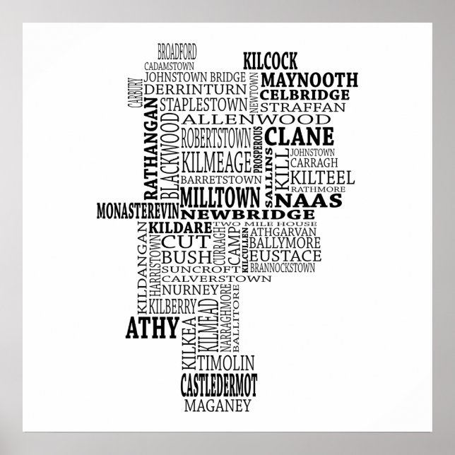 Poster Carte typographique noire de Co. Kildare, Irlande (Devant)
