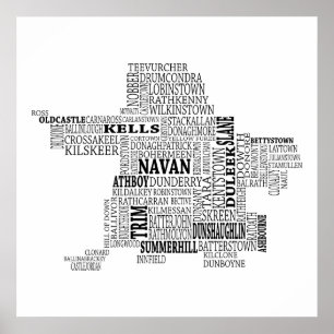 Poster Carte typographique noire de Co. Meath, Irlande