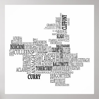 Poster Carte typographique noire de Co. Sligo, Irlande
