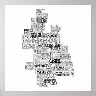 Poster Carte typographique noire de Co. Tipperary, Irland