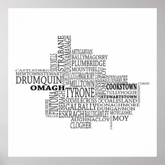 Poster Carte typographique noire de Co. Tyrone, Irlande