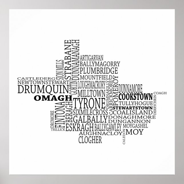 Poster Carte typographique noire de Co. Tyrone, Irlande (Devant)