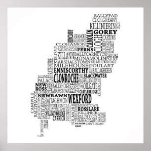 Poster Carte typographique noire de Co. Wexford, Irlande