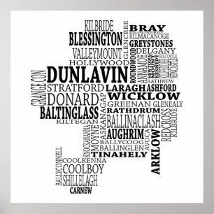 Poster Carte typographique noire de Co. Wicklow, Irlande