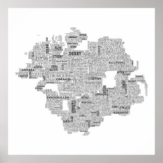 Poster Carte typographique noire de Ulster, Irlande