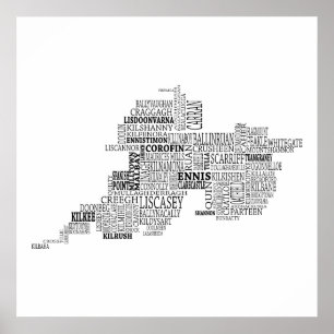 Poster Carte typographique noire du Comté de Clare, Irlan