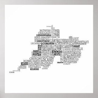 Poster Carte typographique noire du Comté de Clare, Irlan