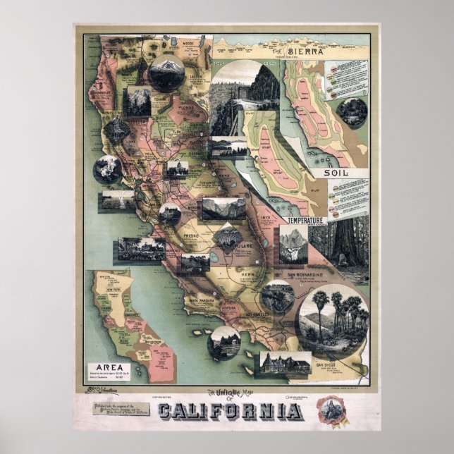 Poster Carte unique de Californie (1888) (Devant)
