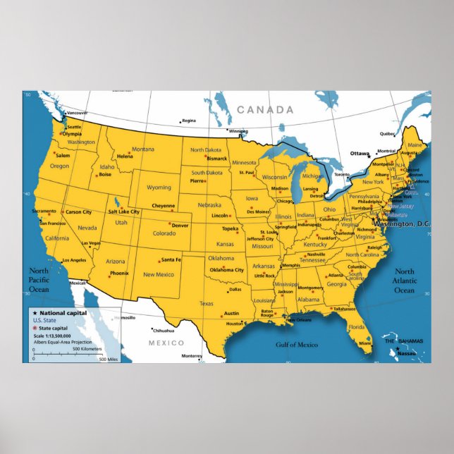 Poster Carte US avec les noms d'État et les capitales (Devant)