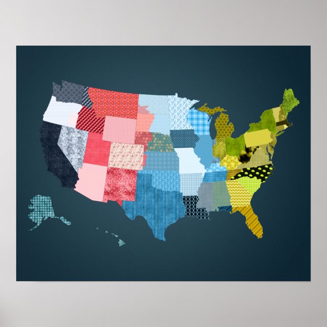 Poster Carte USA dans un Patchwork Faux Quilt Design (Devant)