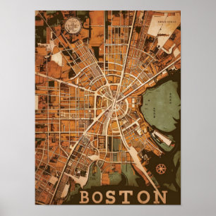 Poster Carte vintage Boston Massachusetts, Boston Ma Us