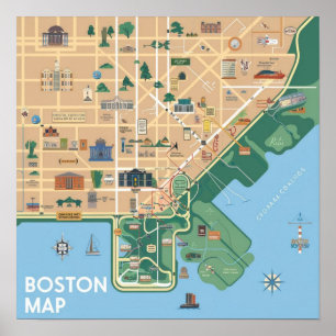 Poster Carte vintage Boston Massachusetts, Boston Ma Us