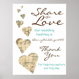 Poster Carte vintage Coeurs Hashtag Mariage