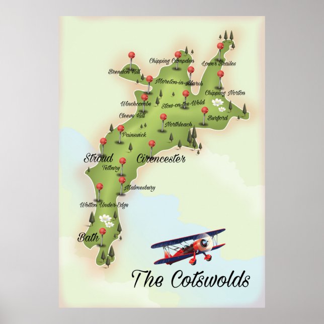 Poster Carte Vintage Cotswolds (Devant)