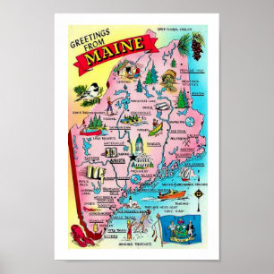 Poster Carte Vintage couleur Maine Imprimer