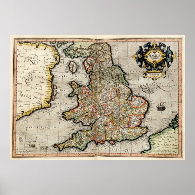 Poster Carte vintage d'Angleterre (1596) (Devant)