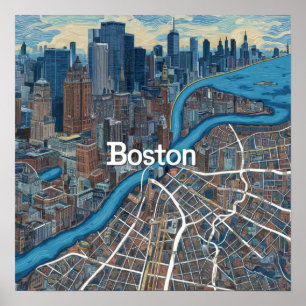 Poster Carte vintage de Boston Massachusetts, carte de Bo