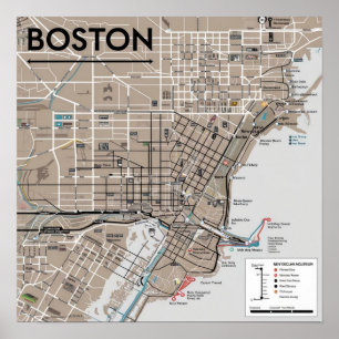 Poster Carte vintage de Boston Massachusetts, carte de Bo