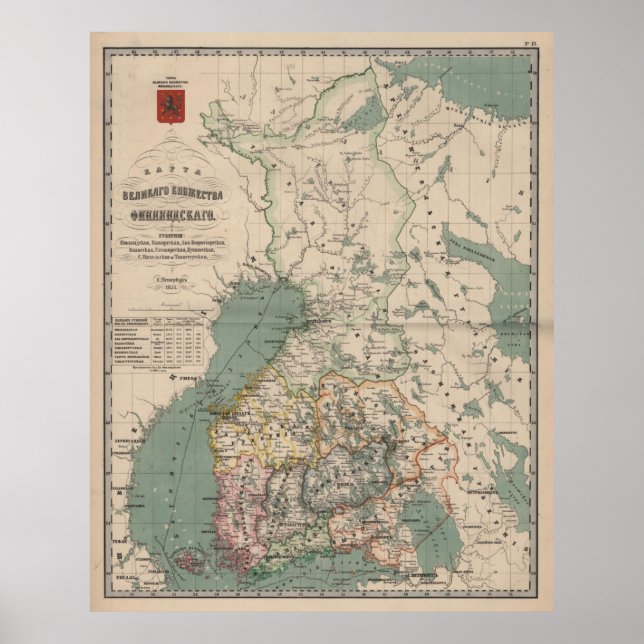 Poster Carte vintage de Finlande (1860) (Devant)