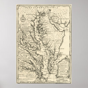 Poster Carte vintage de la baie de Chesapeake (1752)