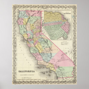 Poster Carte vintage de la Californie (1856)