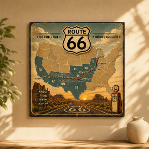 Poster Carte vintage de la route 66, pompe à essence, pay