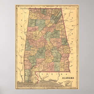 Poster Carte vintage de l'Alabama (1848)