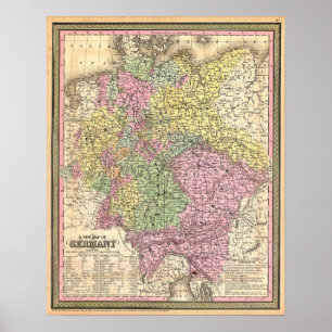 Poster Carte vintage de l'Allemagne, 1853