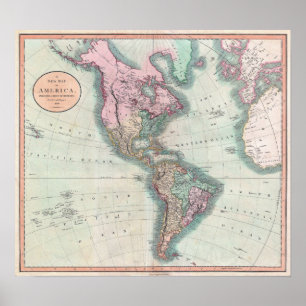 Poster Carte vintage de l'Amérique du Nord et du Sud (180