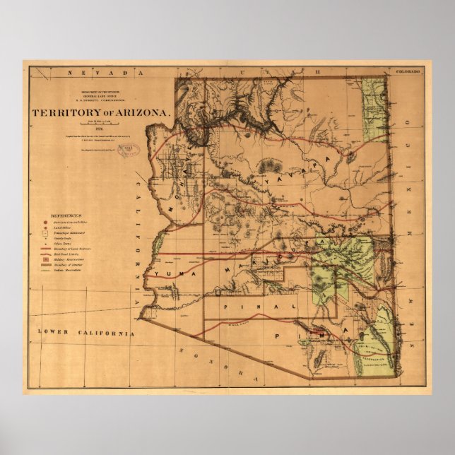 Poster Carte vintage de l'Arizona (1876) (Devant)