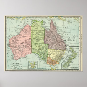 Poster Carte vintage de l'Australie et de la Nouvelle-Zél