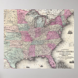 Poster Carte vintage de l'Est des États-Unis (1862)