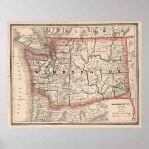 Poster Carte vintage de l'État de Washington (1883)