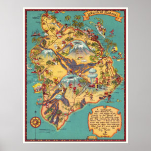 Poster Carte vintage de l'île d'Hawaï