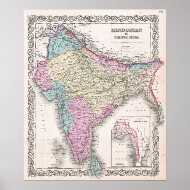 Poster Carte vintage de l'Inde (1855) (Devant)