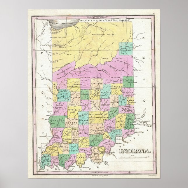 Poster Carte vintage de l'Indiana (1827) (Devant)