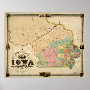 Poster Carte vintage de l'Iowa (1845)