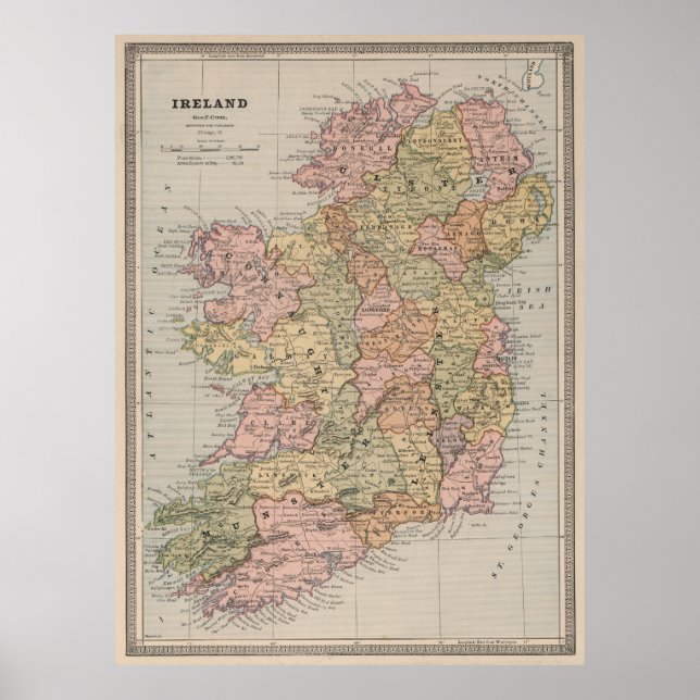 Poster Carte vintage de l'Irlande (1883) (Devant)