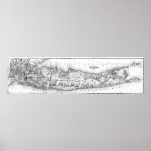 Poster Carte vintage de Long Island New York (1873) BW