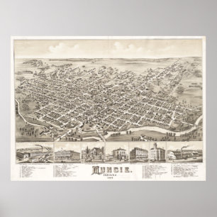 Poster Carte vintage de Muncie Indiana (1884)