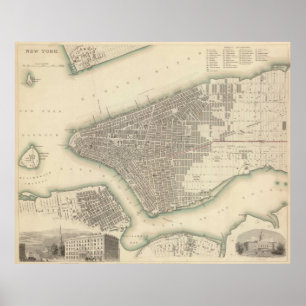 Poster Carte vintage de New York City inférieur (1840)