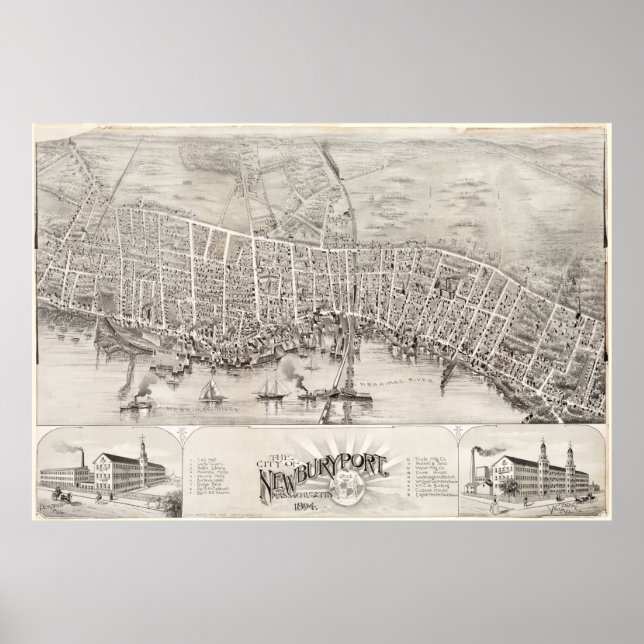 Poster Carte vintage de Newburyport MA (1894) (Devant)