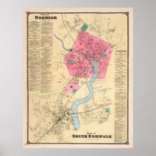 Poster Carte vintage de Norwalk CT (1867)
