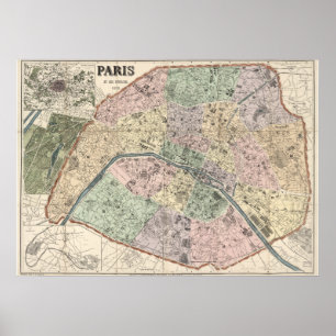 Poster Carte vintage de Paris France 1878